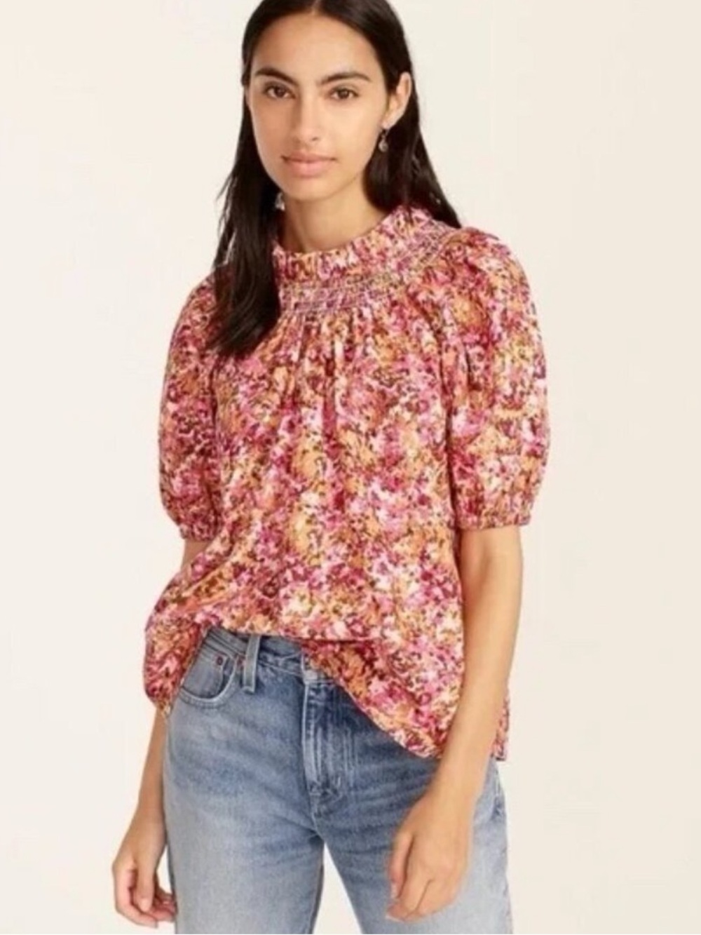 J. Crew Smocked Neck Puff-Sleeve Top in Faded Floral  NWT